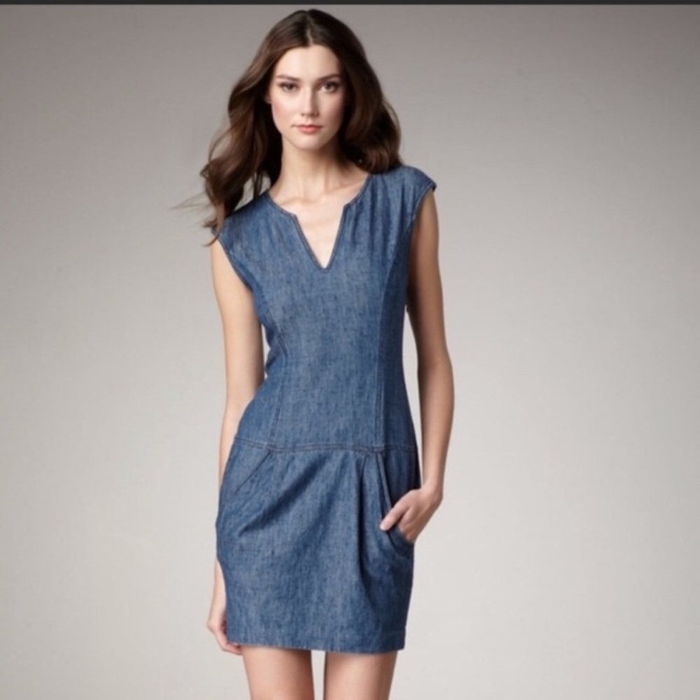 THEORY Chambray V Neck Mini Dress with Pockets 6